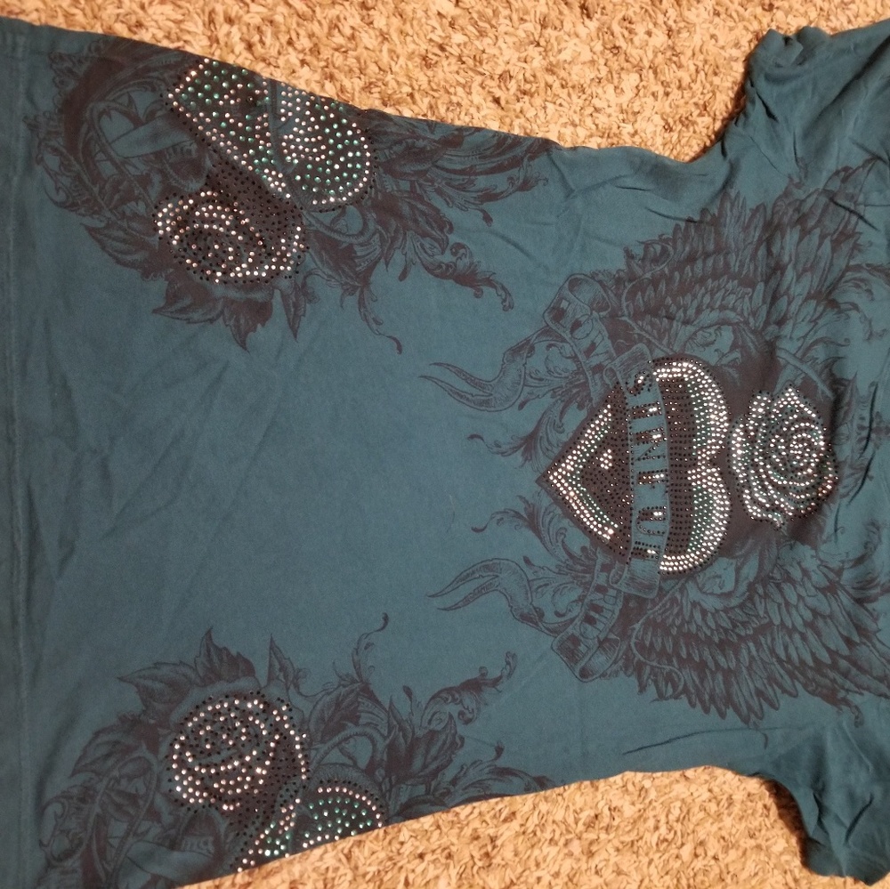 Teal rhinestone Sinful shirt
